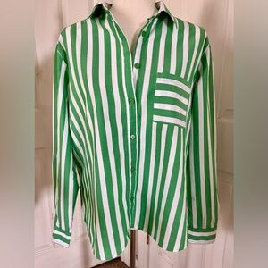 LOFT Green and White Striped Button Down shirt